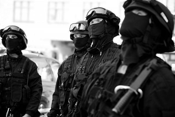 Subdivision anti-terrorist police observed a black tactical exercises. Black and white photo. 