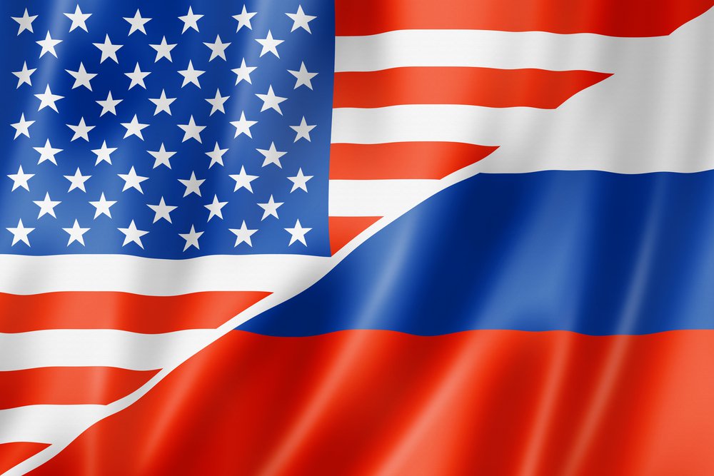 Mixed USA and Russia flag, three dimensional render, illustration 