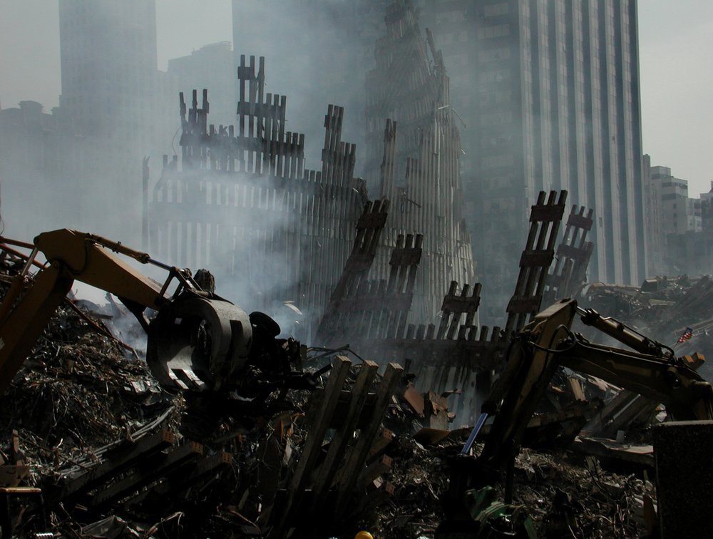Smoldering, Ruins of NY WTC at Ground Zero on 9-18-2001