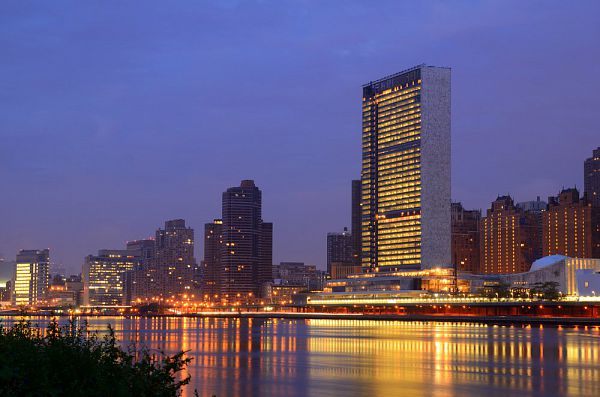 Midtown Manhattan buildings including the UN Headquarters viewed from Roosevelt Island in New York, NY.