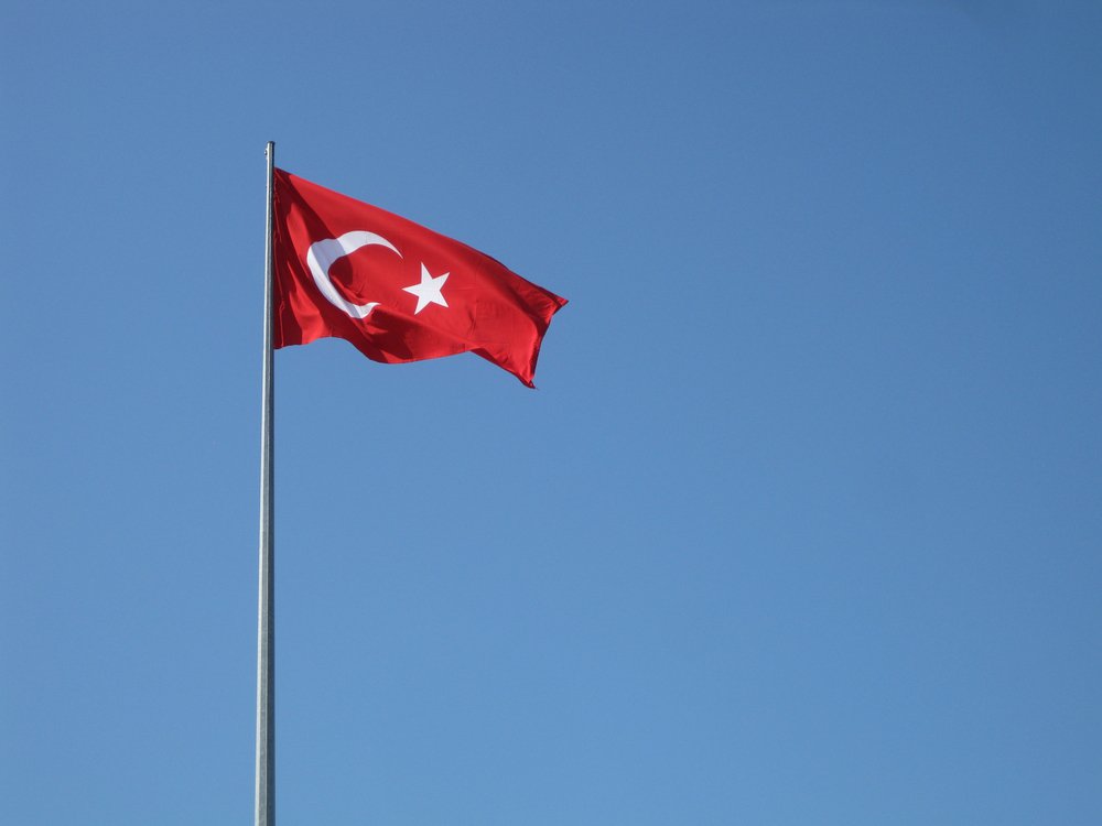 Flag of Turkey against blue sky