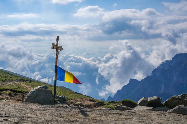 Romanian Flag on top of Bucegi Mountains, Romania