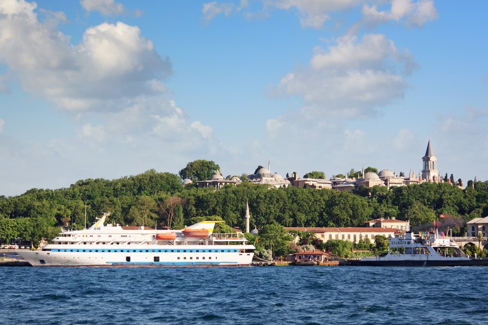 Mavi Marmara in port Istanbul; Topkapi Palace and harbor seen from above. Image ID: 73200640